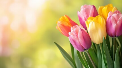 Naklejka premium Colorful bouquet of fresh tulips in vibrant shades against a soft blurred background showcasing natural beauty in springtime