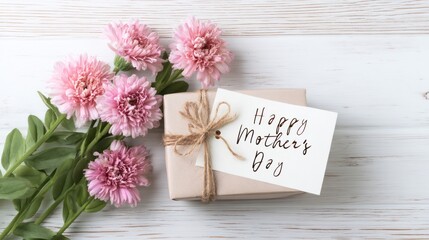 Flat lay of Mother&acirc;&euro;&trade;s Day gift box, pink flowers, handwritten card that says &acirc;&euro;&tilde;Happy Mother&acirc;&euro;&trade;s Day&acirc;&euro;&trade;, on a white wooden background, soft pastel tones and clean composition