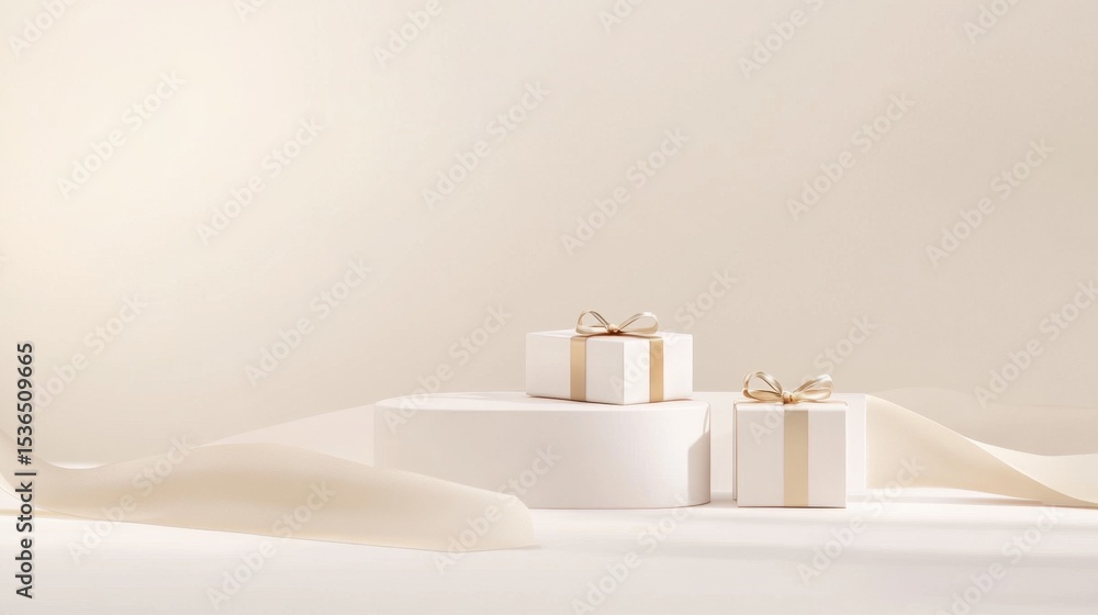 Aufkleber two elegant white gift boxes with delicate ribbons rest on a soft background, creating a serene and 