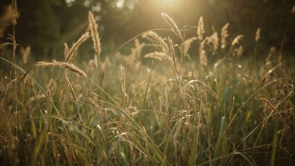Obraz premium A field of tall grass with a sun shining on it