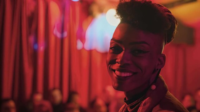 Vibrant non binary drag artist beaming confidently under intense red stage lights, celebrating gender fluid performance and personal empowerment
