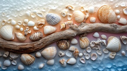 Shells and driftwood arranged in gradient composition .