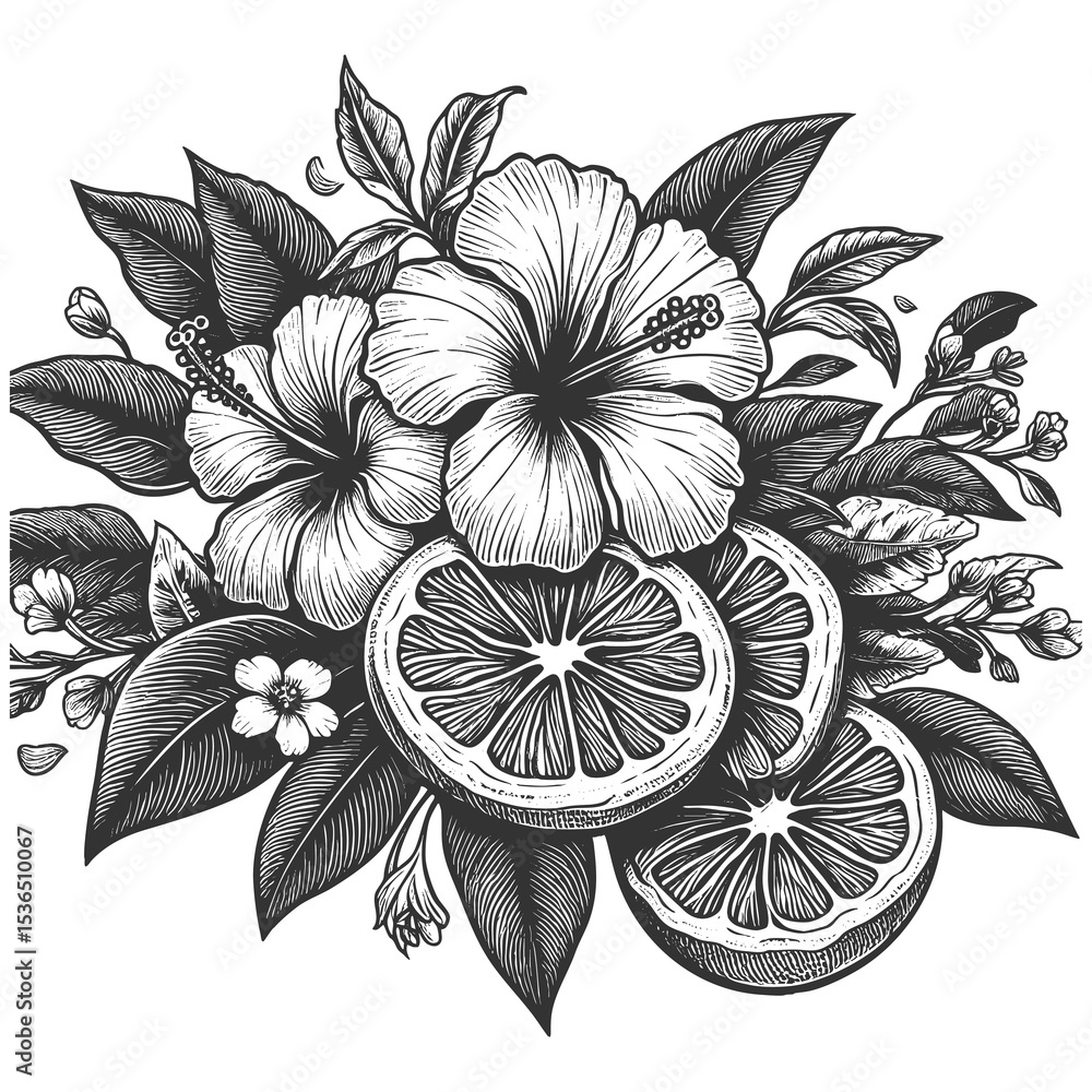 Poster hibiscus flower and citrus lemon fruit sketch engraving generative ai raster illustration. scratch b
