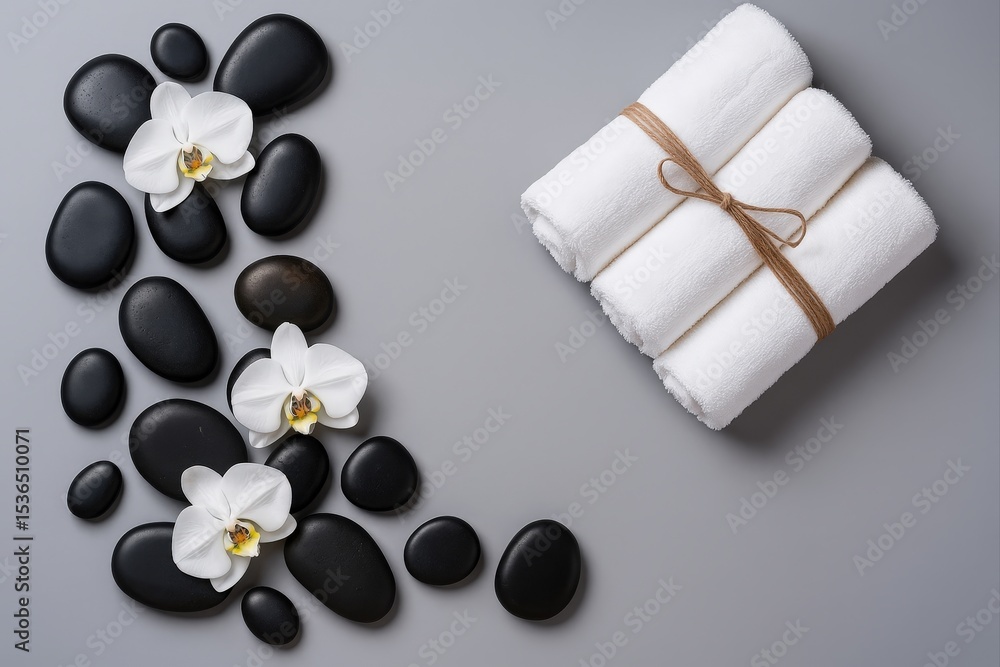Poster neatly rolled towel on stack of rocks, surrounded by more rocks and white flowers.