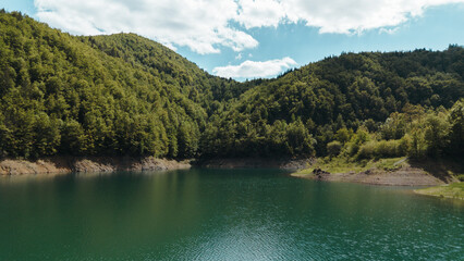 Quiet corner of Zaovine Lake surrounded by dense green forest and hills under a sunny spring sky....