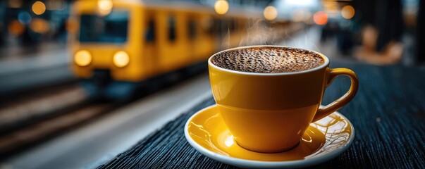 Early brew for caffeine kick and early work coffee concept. A vibrant cup of coffee by the train tracks, perfect for commuters.