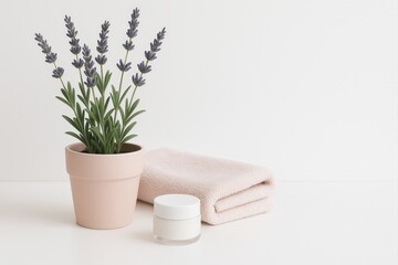 pink pot with lavender flowers, white towel, and small jar of cream on table.