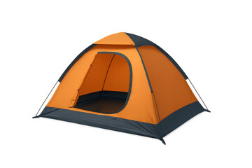 Camping tent in orange and gray, standing on transparent background, prepared for outdoor expedition