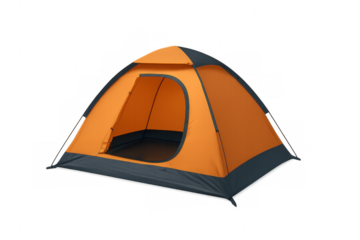 Camping tent in orange and gray, standing on transparent background, prepared for outdoor expedition