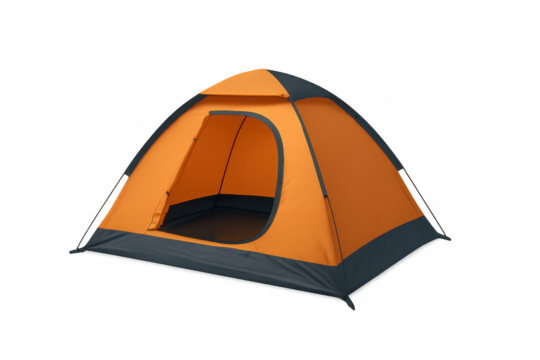 Camping tent in orange and gray, standing on transparent background, prepared for outdoor expedition