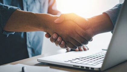 Business handshake between two professionals in a modern office workspace with natural lighting and a laptop, symbolizing agreement, partnership, and collaboration