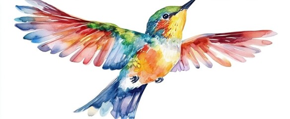 Obraz premium This vibrant watercolor illustration captures a hummingbird in mid-flight, showcasing its colorful feathers and graceful wings. Perfect for nature themes.