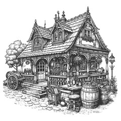 rustic tavern cottage with barrels, wooden cart, flowers, and detailed architecture sketch engraving generative ai raster illustration. Scratch board imitation. Black and white image.