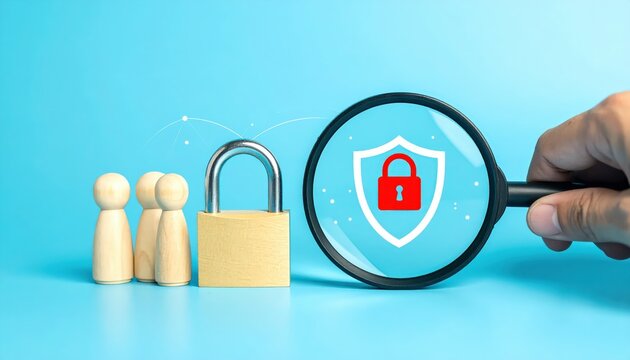Digital security concept with lock padlock shield magnifying glass and wooden figures on blue background representing cybersecurity protection and data safety