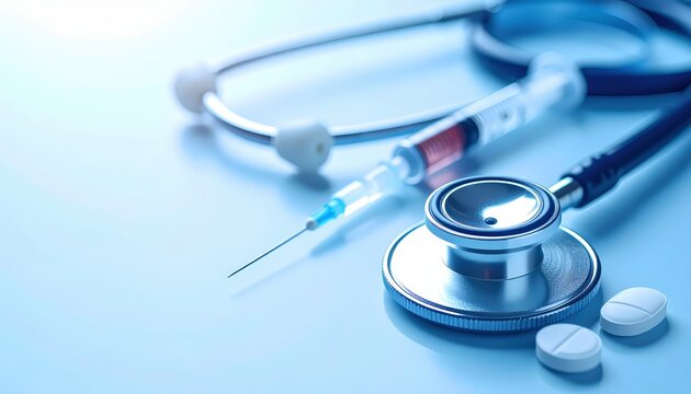 Close-up of medical stethoscope and sye on light blue background representing healthcare and medical examination tools