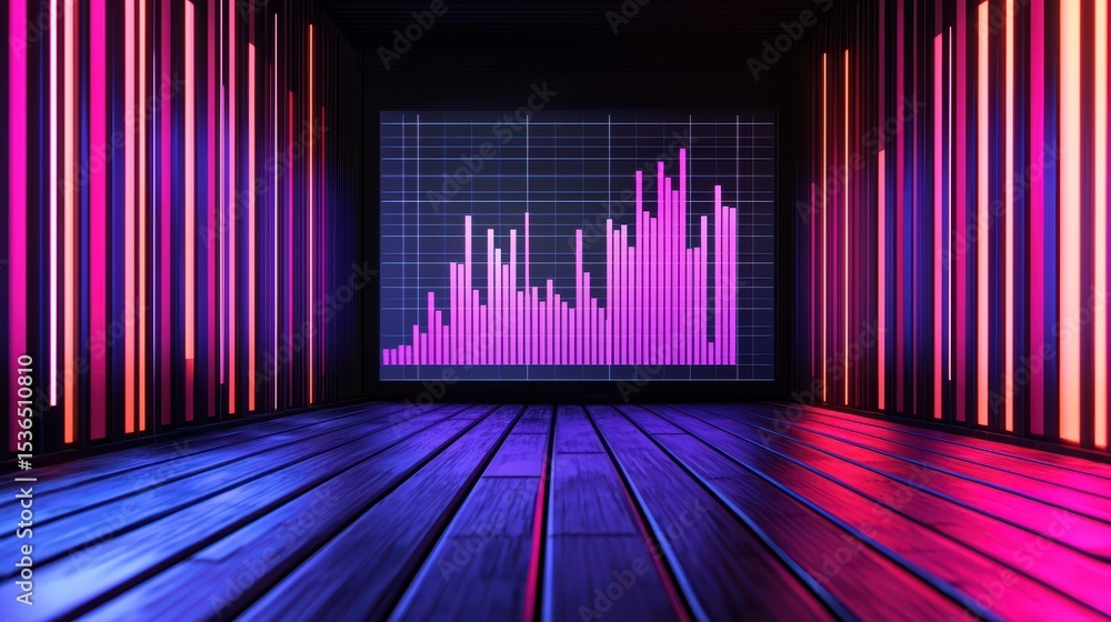 Poster vibrant neon room with digital chart displaying growth metrics in a modern futuristic setting