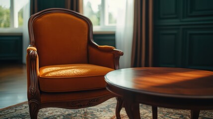 Elegant vintage armchair with wooden coffee table in a bright and sophisticated interior setting with natural light
