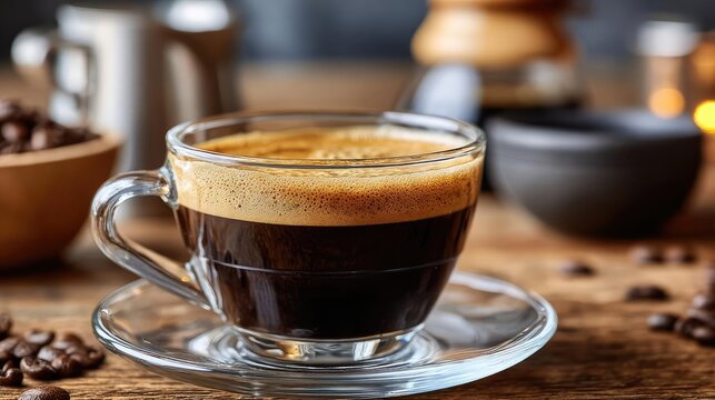 Early espresso with coffee props and caffeine kick concept. A rich cup of espresso served in a stylish glass on a wooden table.