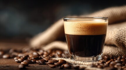 Early espresso with coffee props and caffeine kick concept. Close-up of a rich espresso served in a clear glass cup.