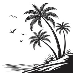 beach tropical palm trees with leaves black silhouette vector flat design white background