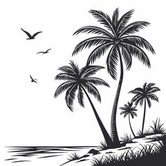 beach tropical palm trees with leaves black silhouette vector flat design white background
