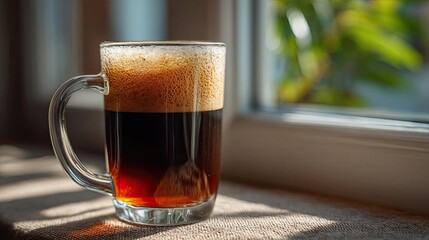 Early brew for caffeine kick and early work coffee concept. A freshly brewed cup of coffee near a sunny window.