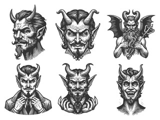 Fototapeta premium Laughing Devils and Demons Set collection bundle sketch engraving generative ai raster illustration. Scratch board imitation. Black and white image.