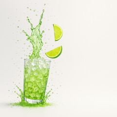 "Lime Soda Splash with Crushed Ice and Flying Citrus — Ultra-Crisp Macro Beverage Scene (8K, High-Speed Studio Photography)"