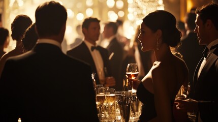 An Elegant Gala Scene Features People Holding Champagne Glasses