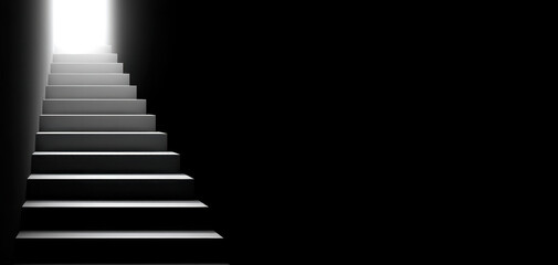 Dark staircase leads to bright open door symbolizing hope and escape from suicidal thoughts in dramatic contrast of light and shadow