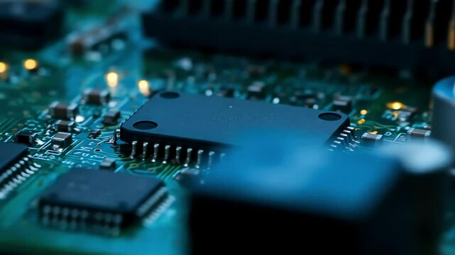 Close-up of intricate green circuit board with integrated circuits, resistors, and power indicators in high-tech environment.