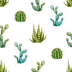 Watercolor seamless pattern of green cacti. White background. For design, backgrounds