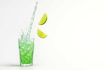 "Lime Soda Splash with Crushed Ice and Flying Citrus — Ultra-Crisp Macro Beverage Scene (8K, High-Speed Studio Photography)"