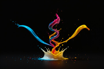 "Triple-Color Paint Collision — Cyan, Magenta, Yellow Helix Splash on Black (8K Macro, High-Speed Viscous Capture)"