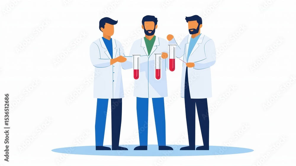 Poster group of male scientists conducting experiments with test tubes in laboratory setting