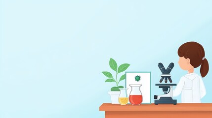 Adorable Scientific Research Graphic Featuring Child with Microscope, Laboratory Equipment, and Green Plant on Desk