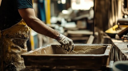 A skilled artisan focuses on mixing materials in a well-used workshop. The handmade vibe showcases craftsmanship, creativity, and dedication to detail in the artistic process.