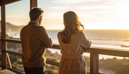 Couple enjoying a romantic sunset view from a wooden balcony overlooking the ocean with warm, golden light bathing the scene