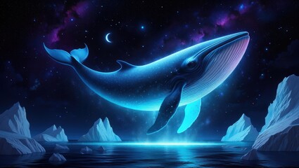 Majestic blue whale gracefully swimming through cosmic waters, surrounded by glowing icebergs under a starry night sky, capturing the beauty of marine life in a surreal and enchanting atmosphere