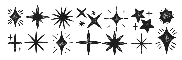 Set of stars and magic sparks with crayon, pastel or chalk texture. Doodle sparkles with organic texture for collage or kids design. Black vector illustration on a white background. © Arina