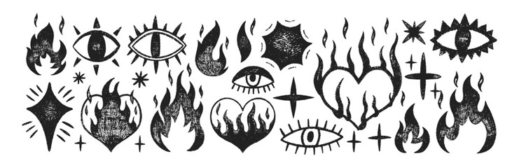 Set of stars, fire flames, eyes and hearts with crayon, pastel or chalk texture. Doodle elements with organic texture for collage or kids design. Black vector illustration on a white background.
