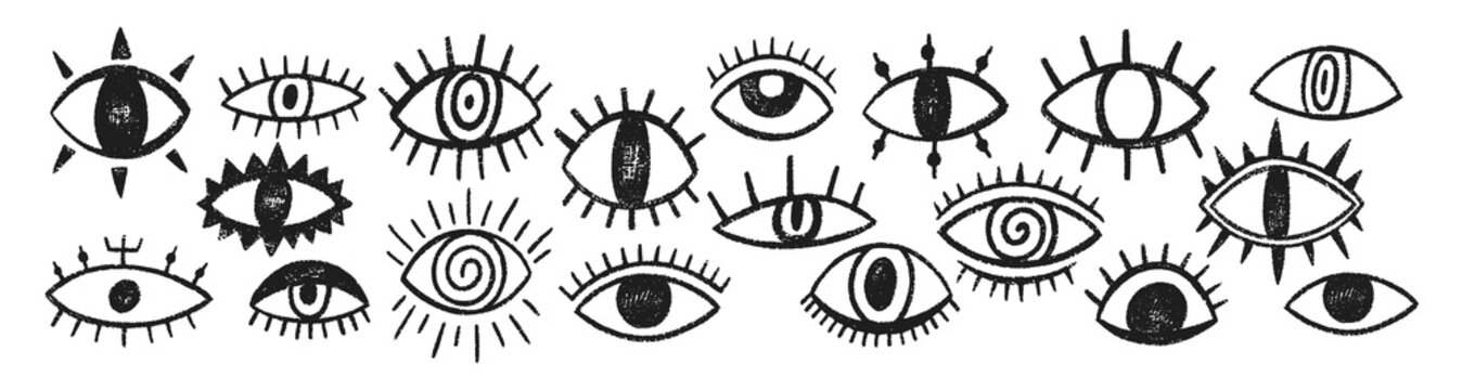 Set of doodle eyes in esoteric or tattoo design with crayon, pastel or chalk texture. Evil or mystic eyes. Black vector illustration isolated on a white background.