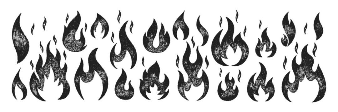 Collection of hand drawn fire flames with crayon, pastel, chalk or pencil texture. Grunge elements in sketch style. Black vector illustration isolated on a white background.