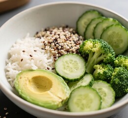 Nutritious Bowl Featuring Quinoa, Rice, Avocado, Broccoli, and Fresh Cucumber – Clean Eating Concept