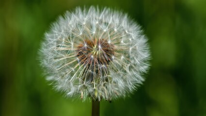 Fototapeta premium Close-up of a dandelion seed head, showcasing delicate white seeds and intricate details, surrounded by a lush green background, symbolizing nature's beauty and the cycle of life