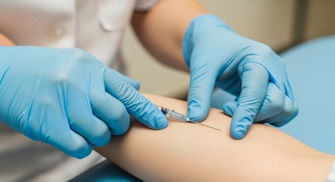 Medical Professional Administering Injection with Blue Latex Gloves in Clinical Setting