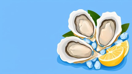 Fresh oysters on a blue background with ice and lemon slices, perfect for seafood and culinary presentations