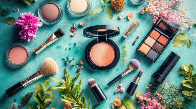 A captivating flat lay of various makeup products surrounded by natural elements, showcasing the beauty and artistry of cosmetics against a turquoise backdrop.