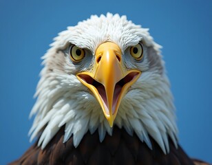 Bald eagle with open beak, fierce and patriotic American symbol, powerful raptor close-up, blue sky background
