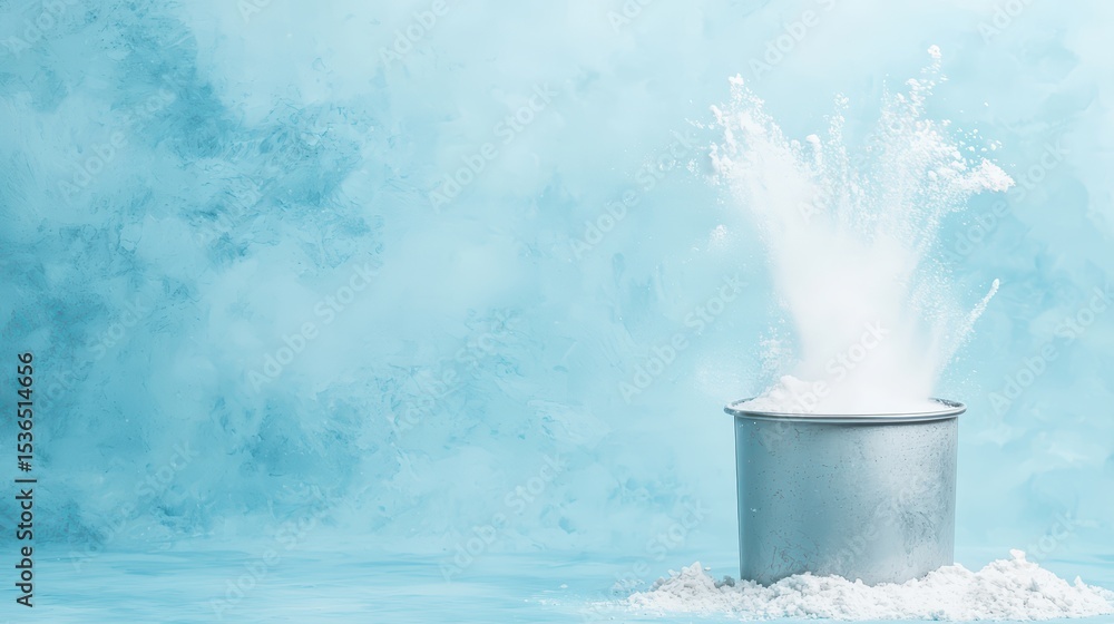 Poster splashing powder from silver bucket on soft blue background with textured surface for creative visua